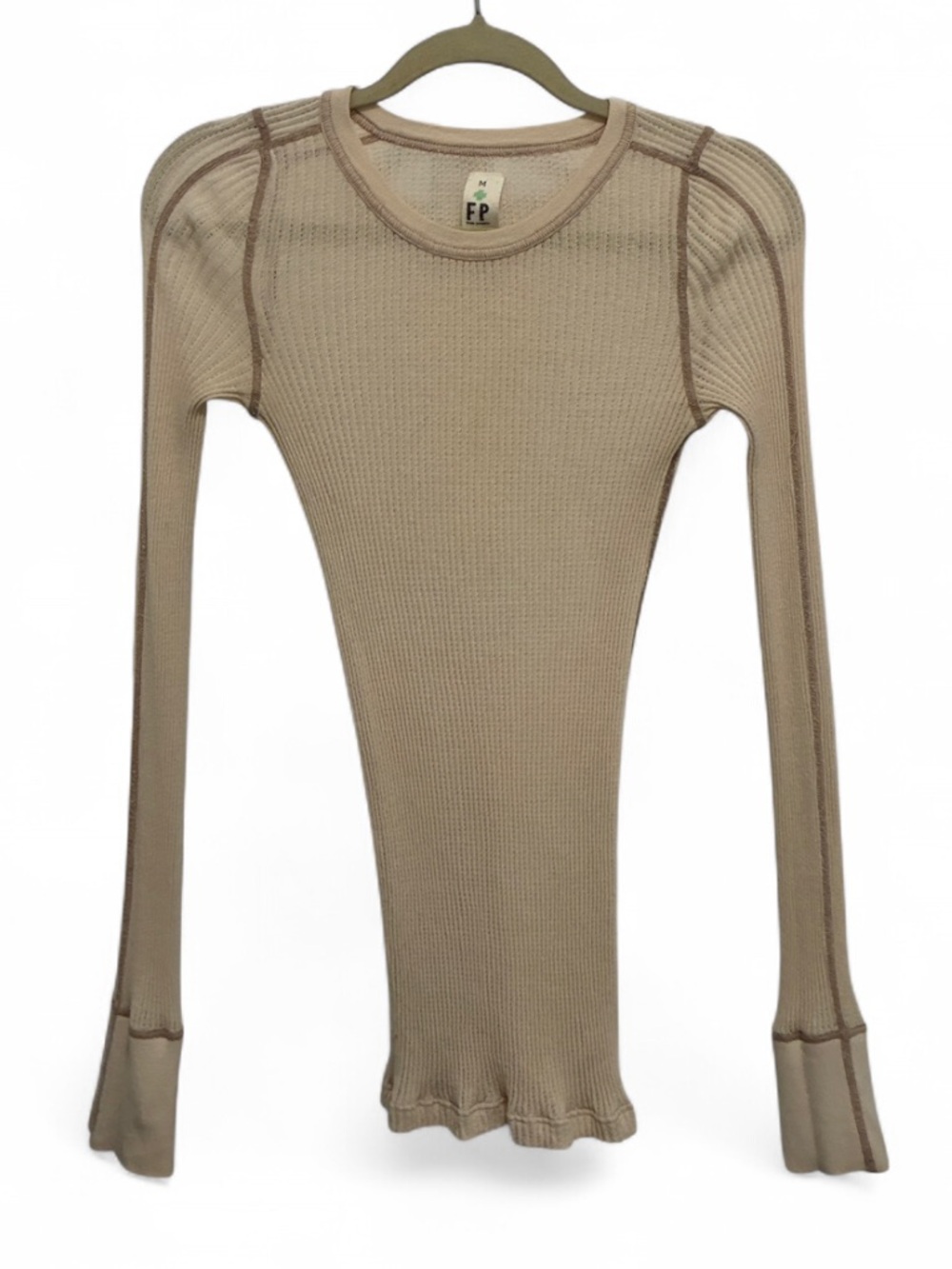 Y2K Free People Cream Long Sleeve Waffle Knit Top in Cream with Contrast Seams